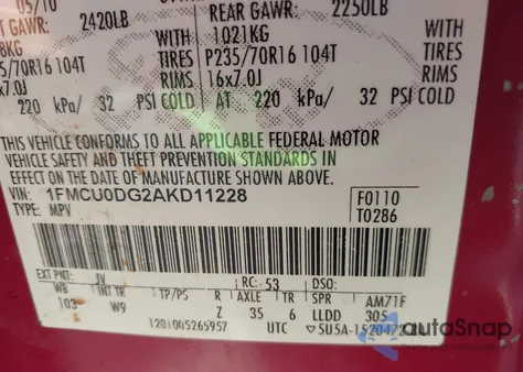 2010 Ford Escape Xlt из США, поврежденный, VIN 1FMCU0DG2AKD11228